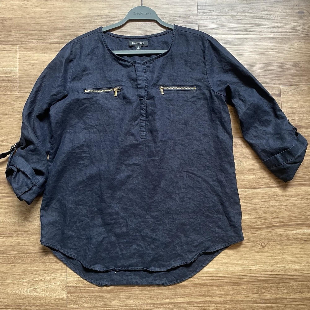 Ellen Tracy Linen Roll Tab Sleeve Navy Blue Women's Tunic Blouse Size L Coastal